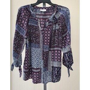 Westport Women Button-Down Shirt Medium Boho Patchwork shirt 3/4 Tie Sleeves